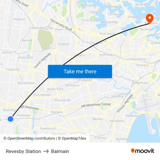 Revesby Station to Balmain map