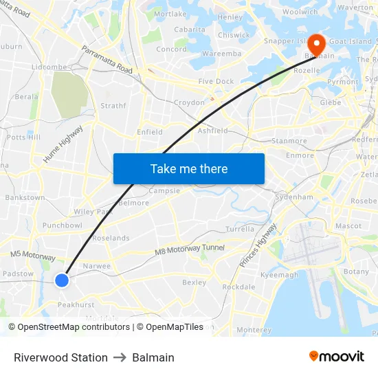 Riverwood Station to Balmain map