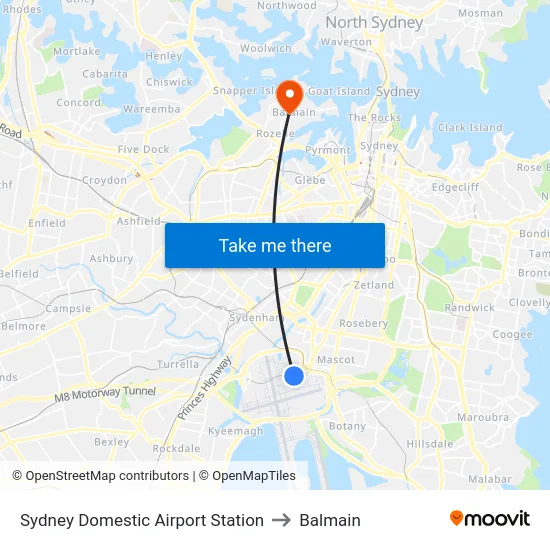 Sydney Domestic Airport Station to Balmain map