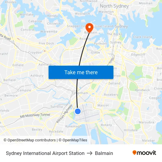 Sydney International Airport Station to Balmain map