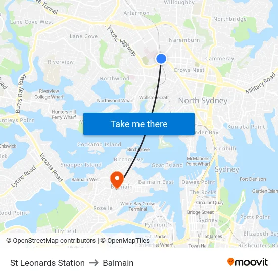 St Leonards Station to Balmain map