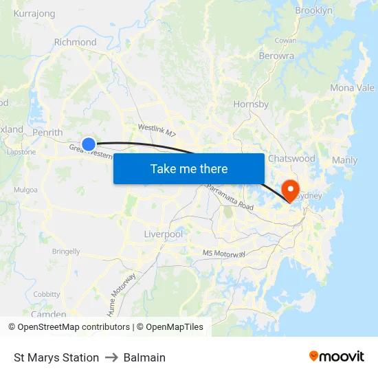 St Marys Station to Balmain map