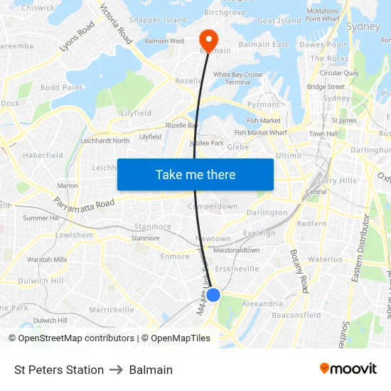 St Peters Station to Balmain map