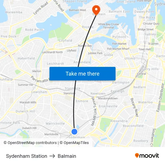 Sydenham Station to Balmain map
