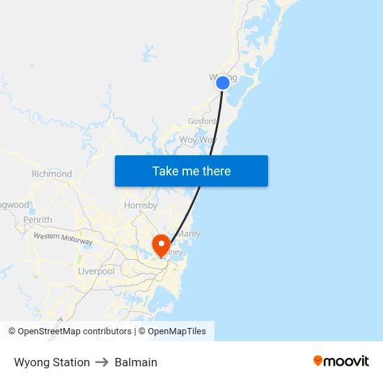 Wyong Station to Balmain map