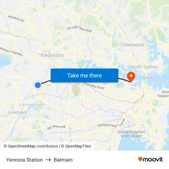 Yennora Station to Balmain map