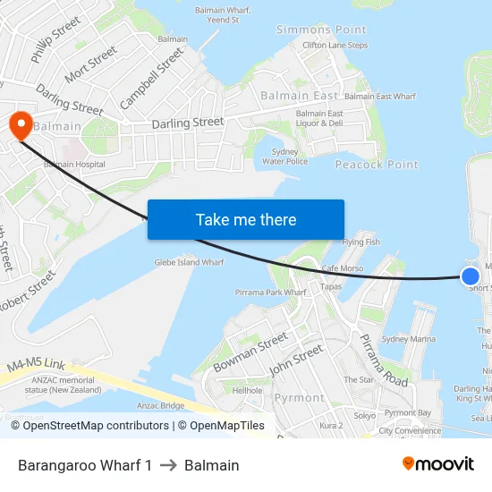 Barangaroo Wharf 1 to Balmain map