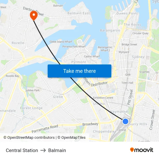 Central Station to Balmain map