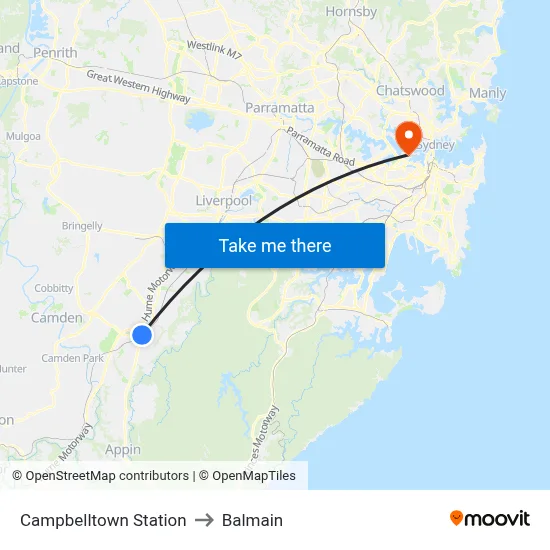 Campbelltown Station to Balmain map