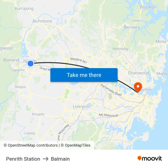 Penrith Station to Balmain map