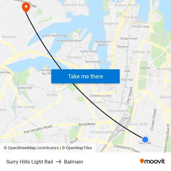 Surry Hills Light Rail to Balmain map