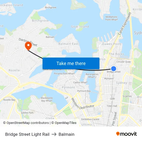 Bridge Street Light Rail to Balmain map