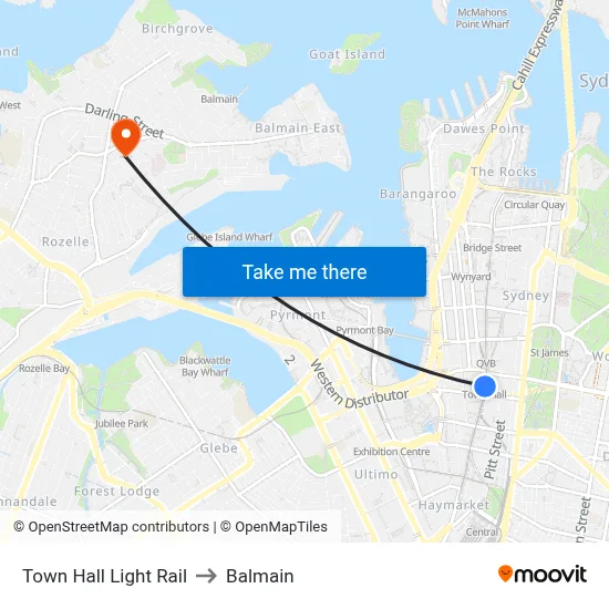 Town Hall Light Rail to Balmain map