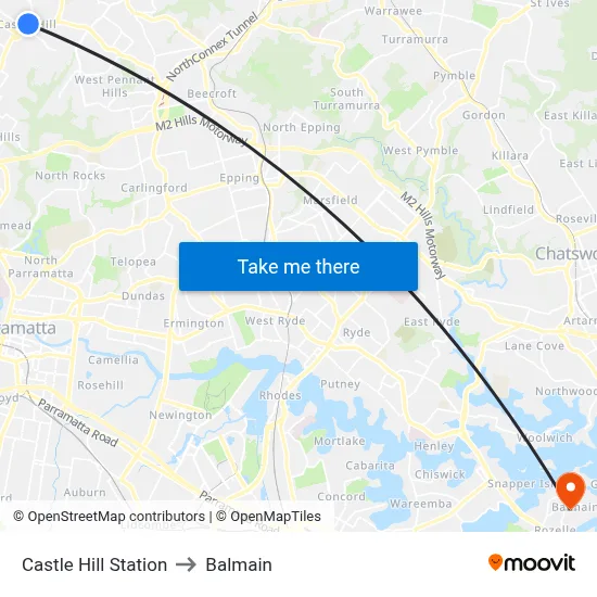 Castle Hill Station to Balmain map