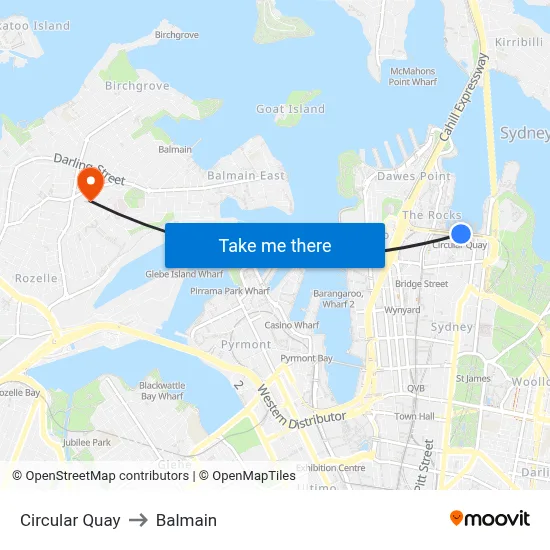 Circular Quay to Balmain map