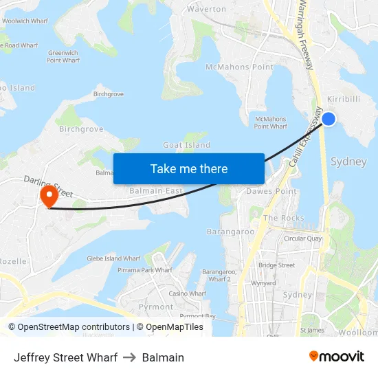 Jeffrey Street Wharf to Balmain map
