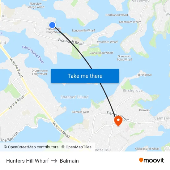 Hunters Hill Wharf to Balmain map