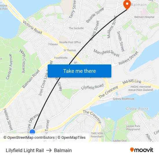 Lilyfield Light Rail to Balmain map