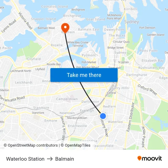 Waterloo Station to Balmain map