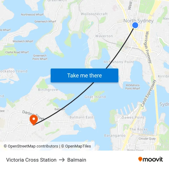 Victoria Cross Station to Balmain map