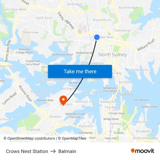 Crows Nest Station to Balmain map