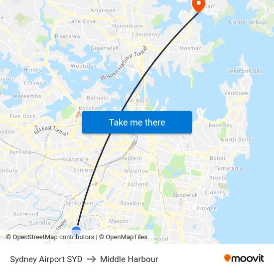 Sydney Airport SYD to Middle Harbour map