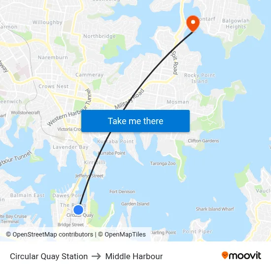 Circular Quay Station to Middle Harbour map