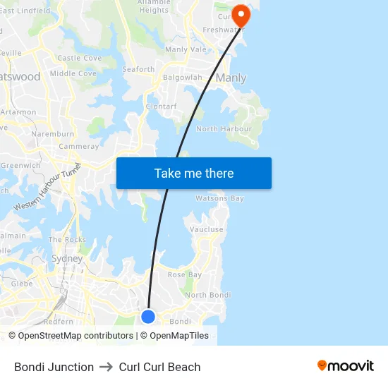 Bondi Junction to Curl Curl Beach map
