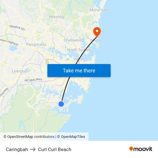Caringbah to Curl Curl Beach map