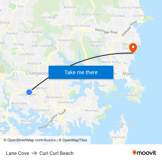 Lane Cove to Curl Curl Beach map