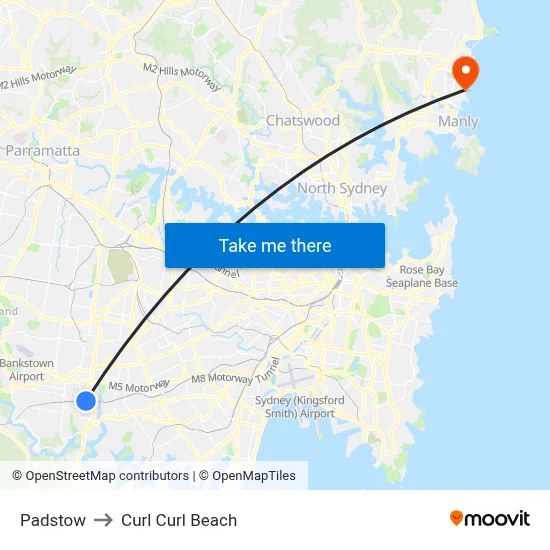 Padstow to Curl Curl Beach map