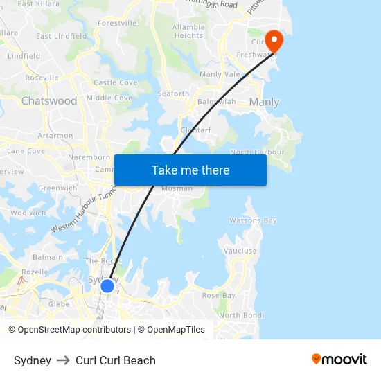 Sydney to Curl Curl Beach map