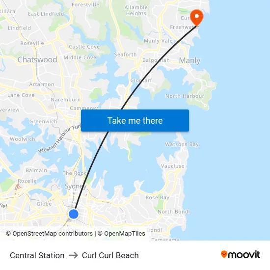 Central Station to Curl Curl Beach map