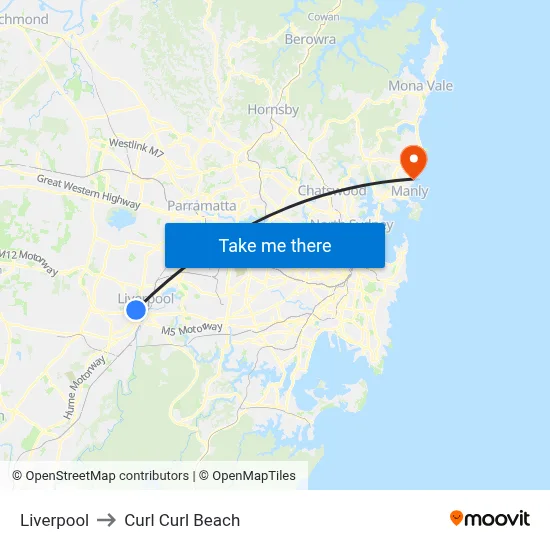 Liverpool to Curl Curl Beach map