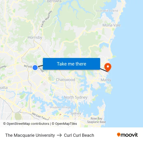 The Macquarie University to Curl Curl Beach map