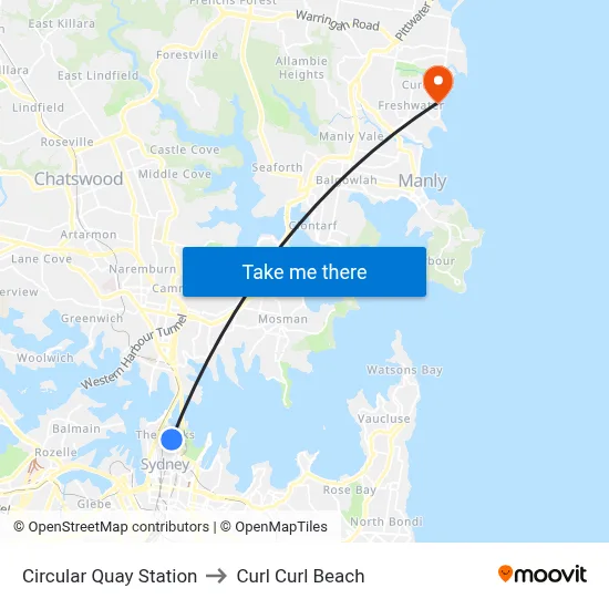 Circular Quay Station to Curl Curl Beach map
