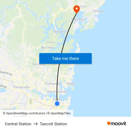 Central Station to Tascott Station map