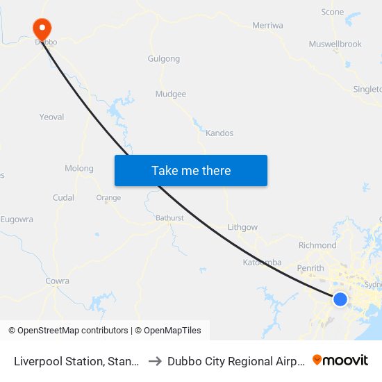 Liverpool Station, Stand C to Dubbo City Regional Airport map