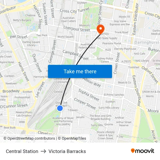 Central Station to Victoria Barracks map