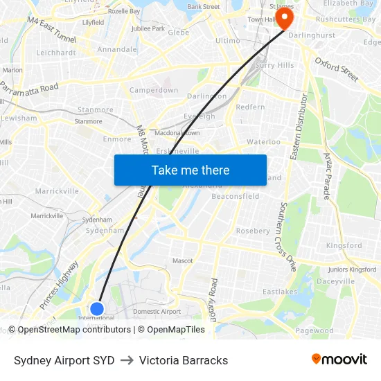 Sydney Airport SYD to Victoria Barracks map