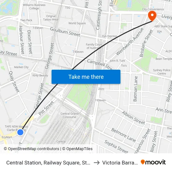 Central Station, Railway Square, Stand M to Victoria Barracks map