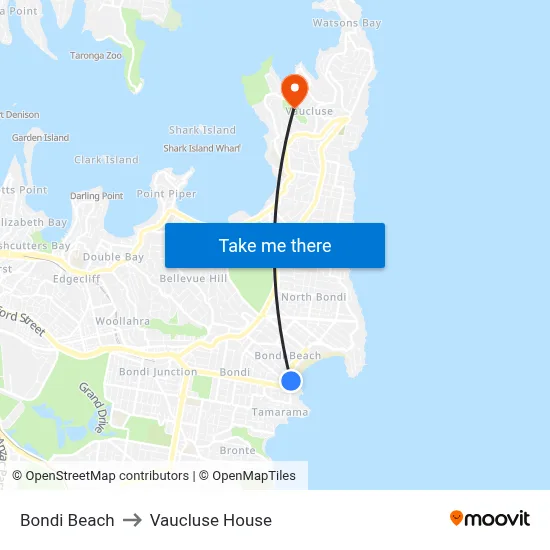 Bondi Beach to Vaucluse House map