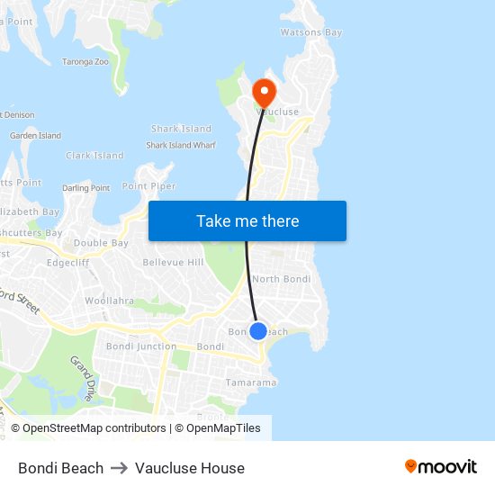 Bondi Beach to Vaucluse House map