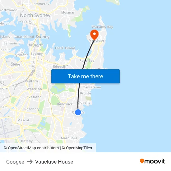 Coogee to Vaucluse House map