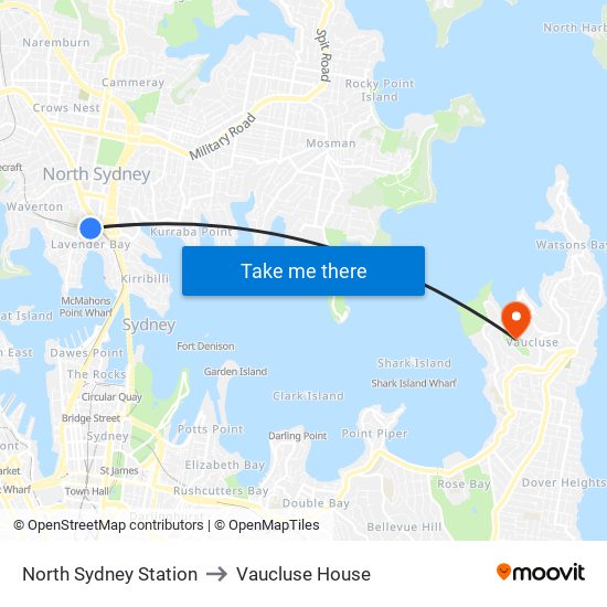 North Sydney Station to Vaucluse House map