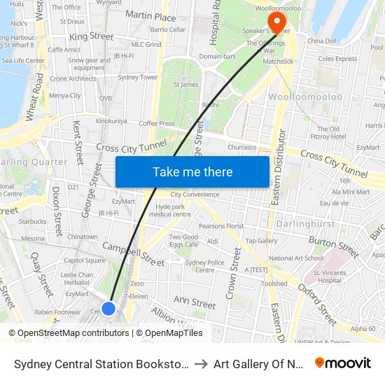 Sydney Central Station Bookstore to Art Gallery Of Nsw map