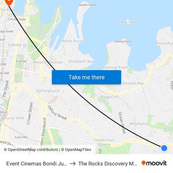 Event Cinemas Bondi Junction to The Rocks Discovery Museum map