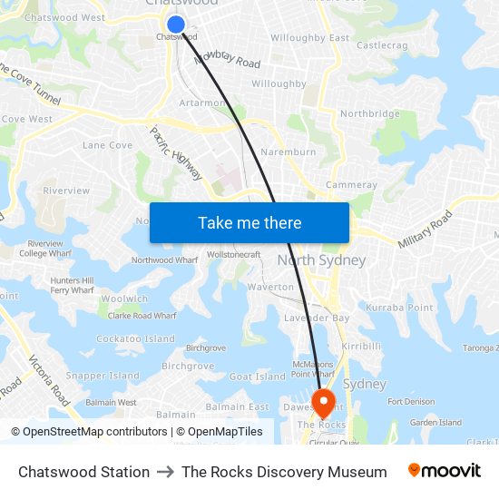 Chatswood Station to The Rocks Discovery Museum map