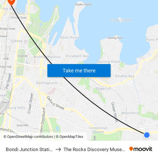 Bondi Junction Station to The Rocks Discovery Museum map