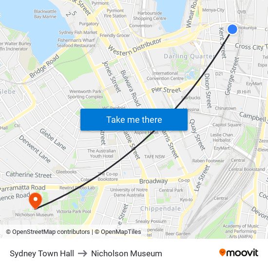 Sydney Town Hall to Nicholson Museum map
